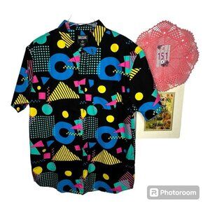 NW/OT Massive Button-Down Short Sleeve 80 Style Geometric Shirt Size Large